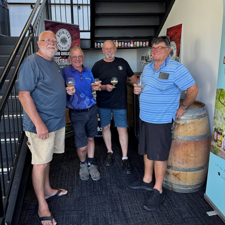 Featured image for “Has anyone ever seen John without a beer in hand?  We sure haven’t! Here he is, absolutely in his element, hosting the first tasting at The Spini HQ with the awesome crew from Port Bouvard Recreation & Sporting Club. The first of many to come!”