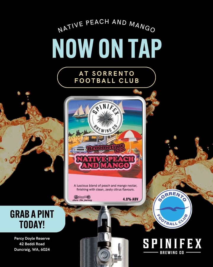 Featured image for “Post-game drinks just got better—our Broometime Native Peach & Mango is now on tap at Sorrento F.C!”