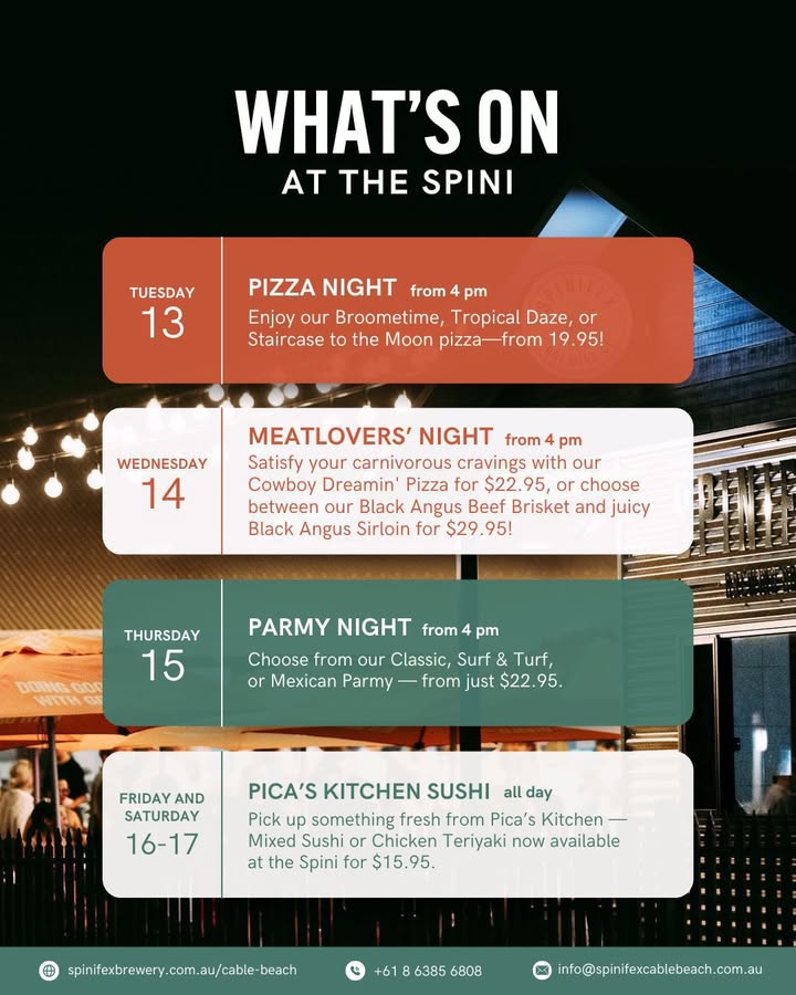 Featured image for “Tempting Weekly Lineup at Spinifex Cable Beach: Plan Your Visit Now!”