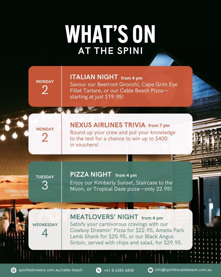 Featured image for “Exciting Week Ahead at The Spini: AFL, Monsterball Mania & Live Music at Spinifex Cable Beach”