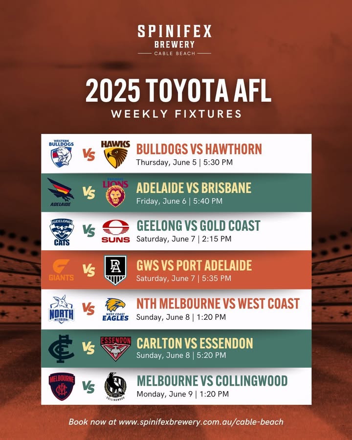 Featured image for “Big Screen Sports & Cold Beers: Weekly Game Schedule at Spinifex Cable Beach”