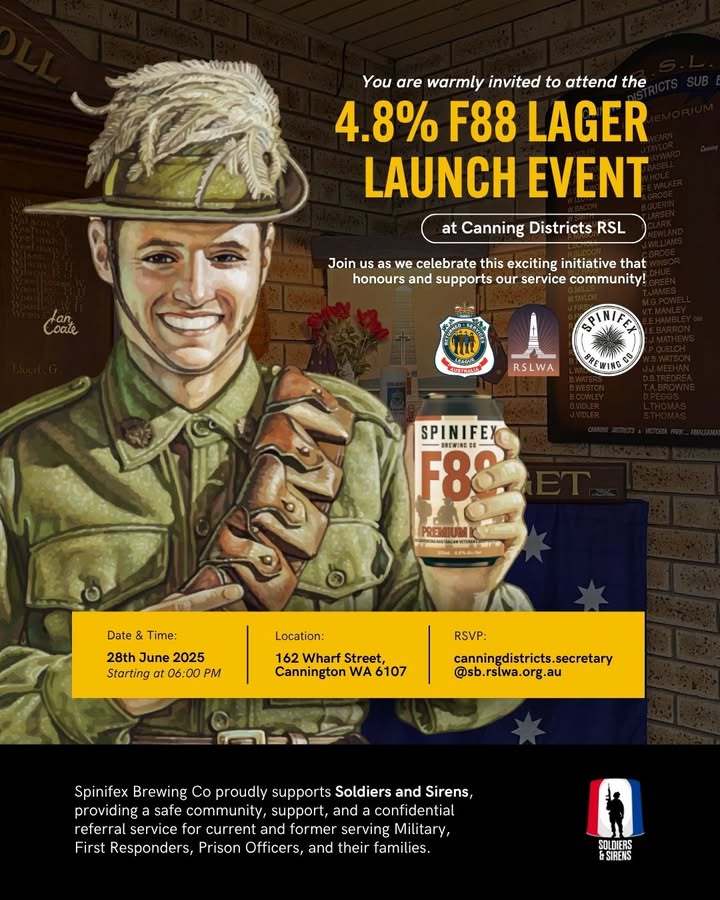 Featured image for “F88 Lager Launch at Canning Districts RSL Sub Branch: Honouring Defence Members & Veterans”