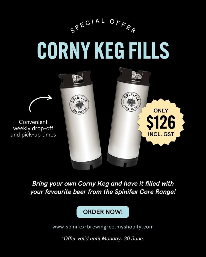 Featured image for “Intro Price: $126 per 19L Corny Keg Fill at Spinifex Brewery”