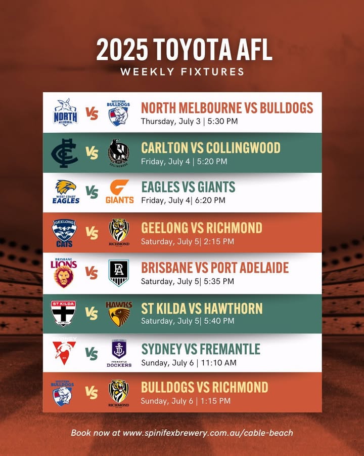 Featured image for “Sunday AFL Fun: Big Screen Lineup at Spinifex Cable Beach”