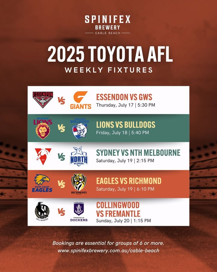 Featured image for “AFL Schedule at Spinifex Cable Beach: Footy and Drinks in Broome”