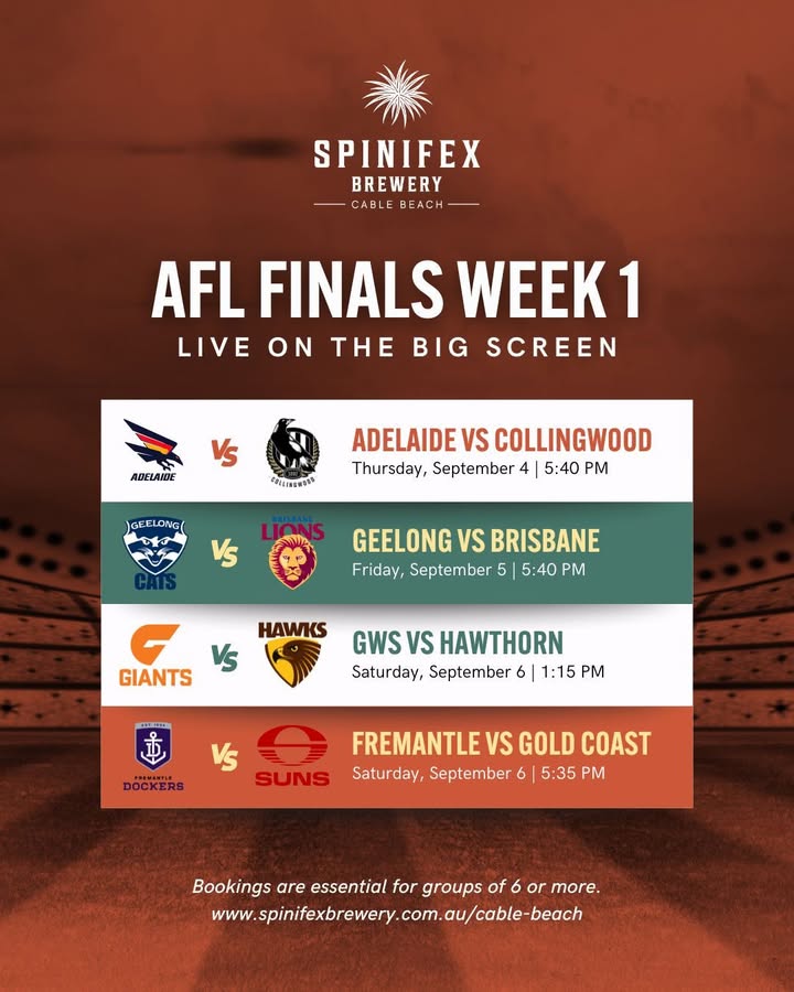 Featured image for “Week 1 AFL Finals Live on LED Screen at Spinifex Cable Beach”