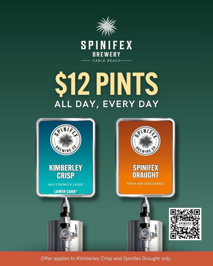 Featured image for “Craft Beer Special: $12 Pints of Kimberley Crisp and Spinifex Draught at Spinifex Cable Beach”