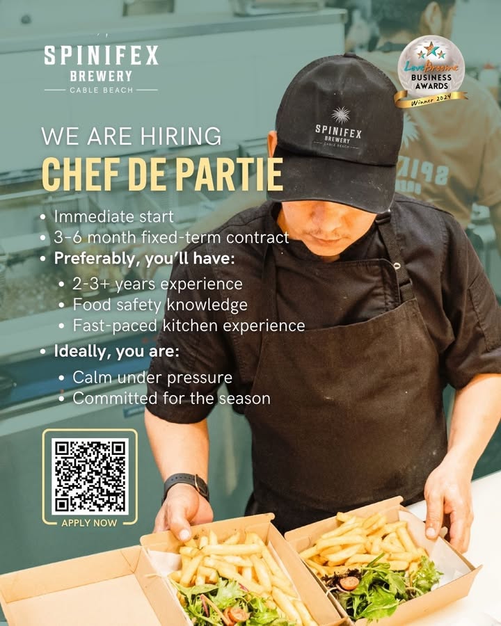 Featured image for “Join Our Kitchen Team at Spinifex Cable Beach: Chef de Partie & Junior Kitchen Hand Positions Available”