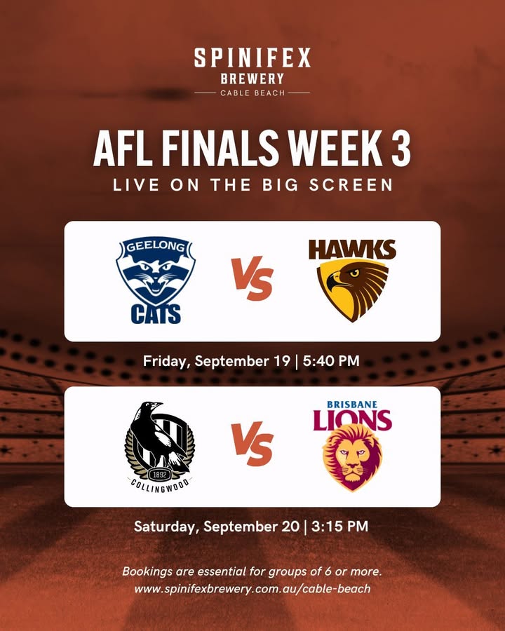 Featured image for “AFL Finals Week 3 Live on Big Screen at Spinifex Cable Beach”