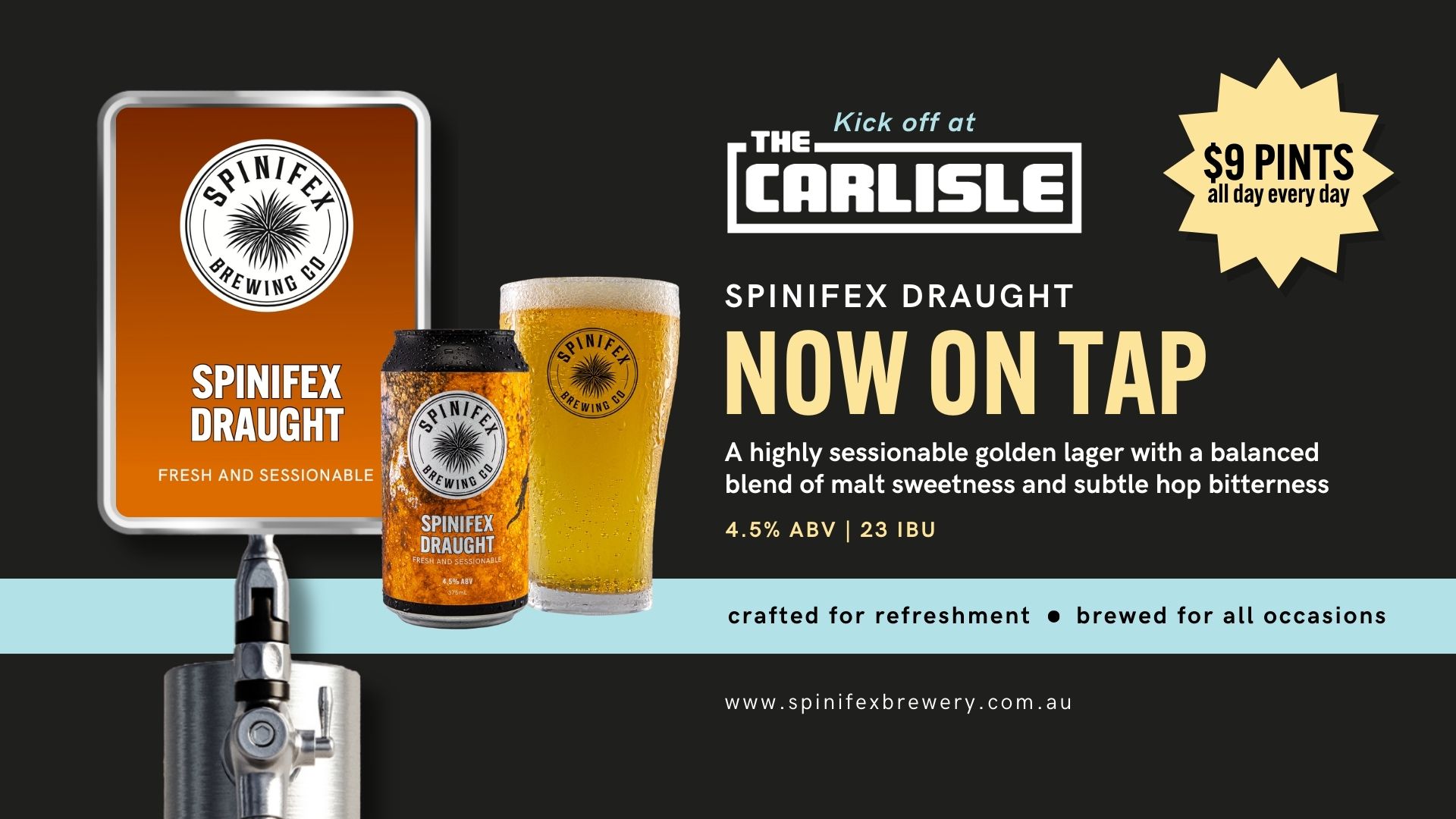 Featured image for “🍺 Spinifex Draught 4.5% Now Pouring at The Carlisle Hotel — $9 Pints All Day, Every Day!”