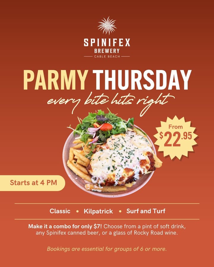 Featured image for “Thursday Parmi Night Specials at Spinifex Cable Beach: From $22.95”