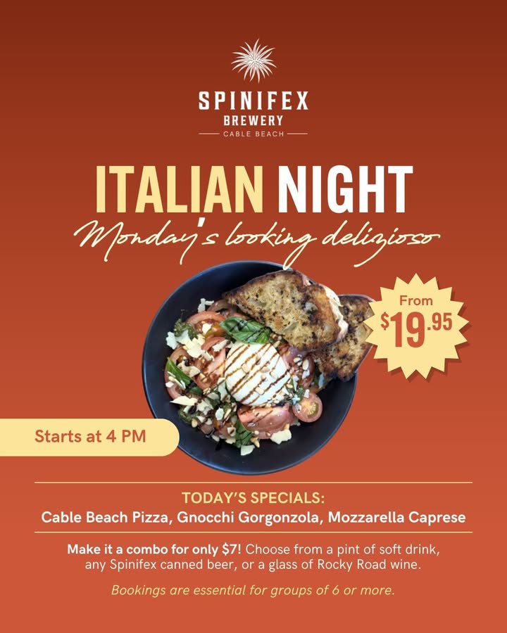 Featured image for “Italian Night Specials & Trivia Fun at Spinifex Cable Beach”