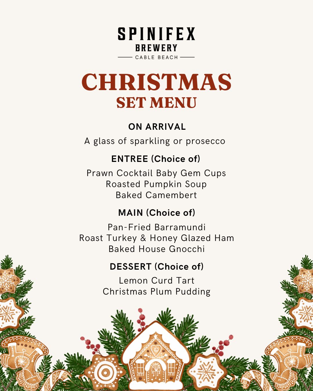 spinifex cable beach christmas set menu