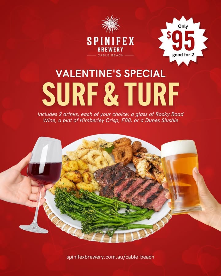 Featured image for “Valentine’s Day Surf & Turf at Spinifex Cable Beach”