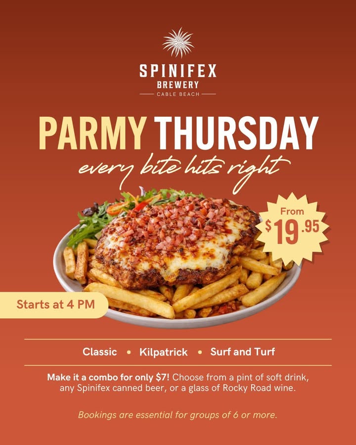 Featured image for “Thursday Parmy Night at Spinifex Cable Beach”