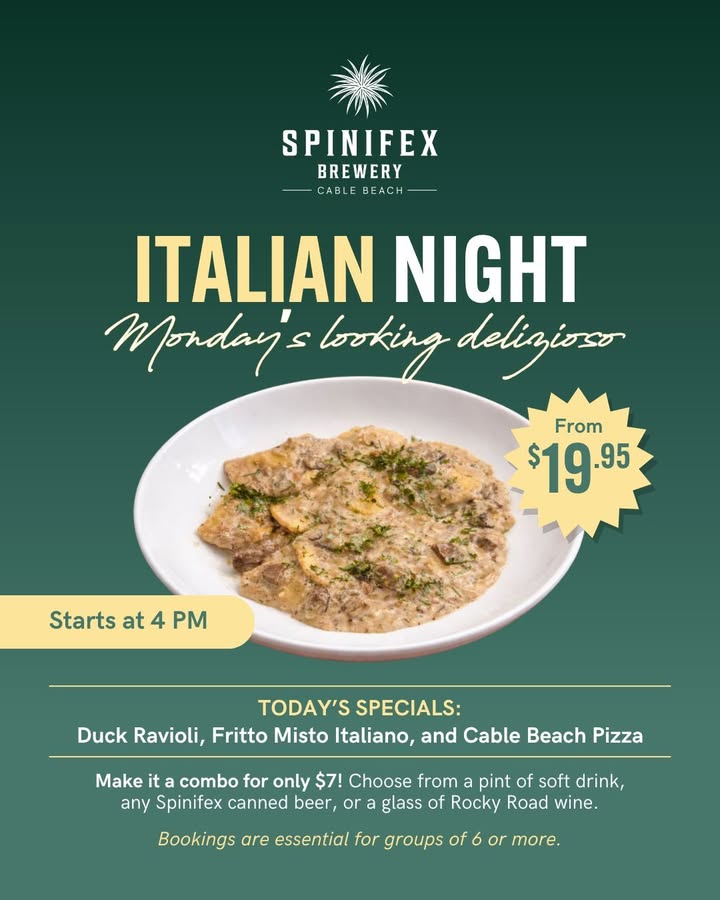 Featured image for “Italian Night at Spinifex Cable Beach from $19.95”