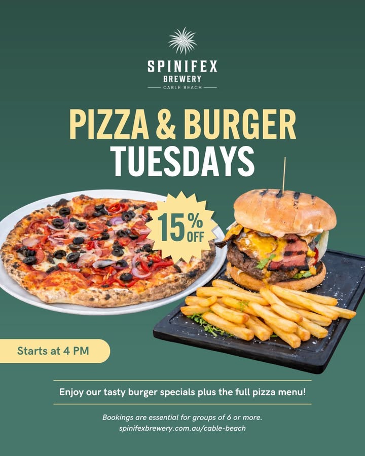 Featured image for “Tuesday Pizza & Burger Specials at Spinifex Cable Beach”