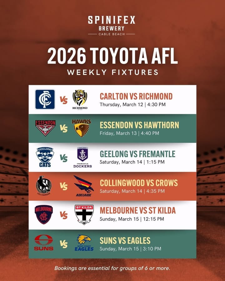 Featured image for “2026 Toyota AFL Weekly Fixtures at Spinifex Cable Beach”
