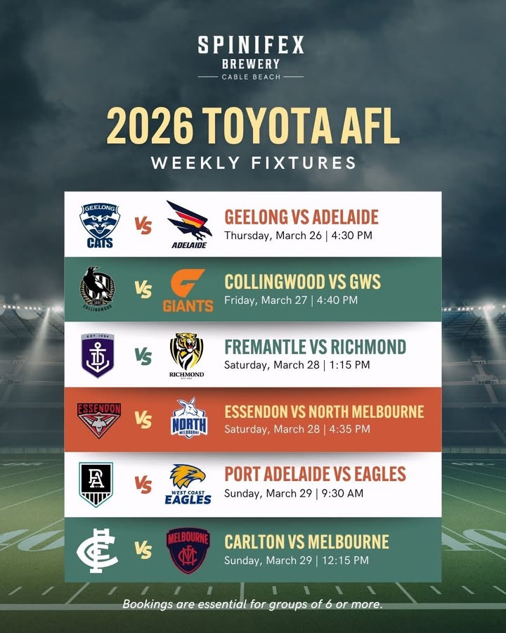 Featured image for “2026 Toyota AFL Weekly Fixtures at Spinifex Cable Beach”
