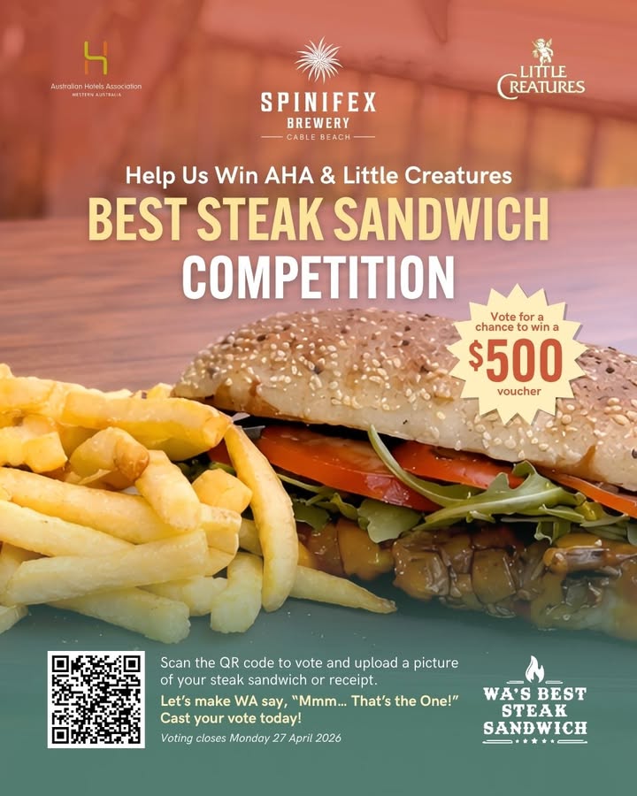 Featured image for “Vote for Spinifex Cable Beach in WA’s Best Steak Sandwich Competition”