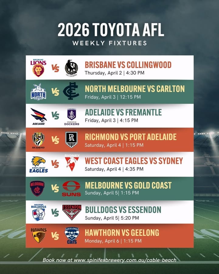 Featured image for “Watch AFL Live This Week at Spinifex Cable Beach”