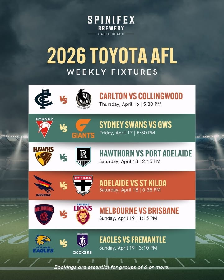 Featured image for “2026 Toyota AFL Weekly Fixtures at Spinifex Cable Beach”
