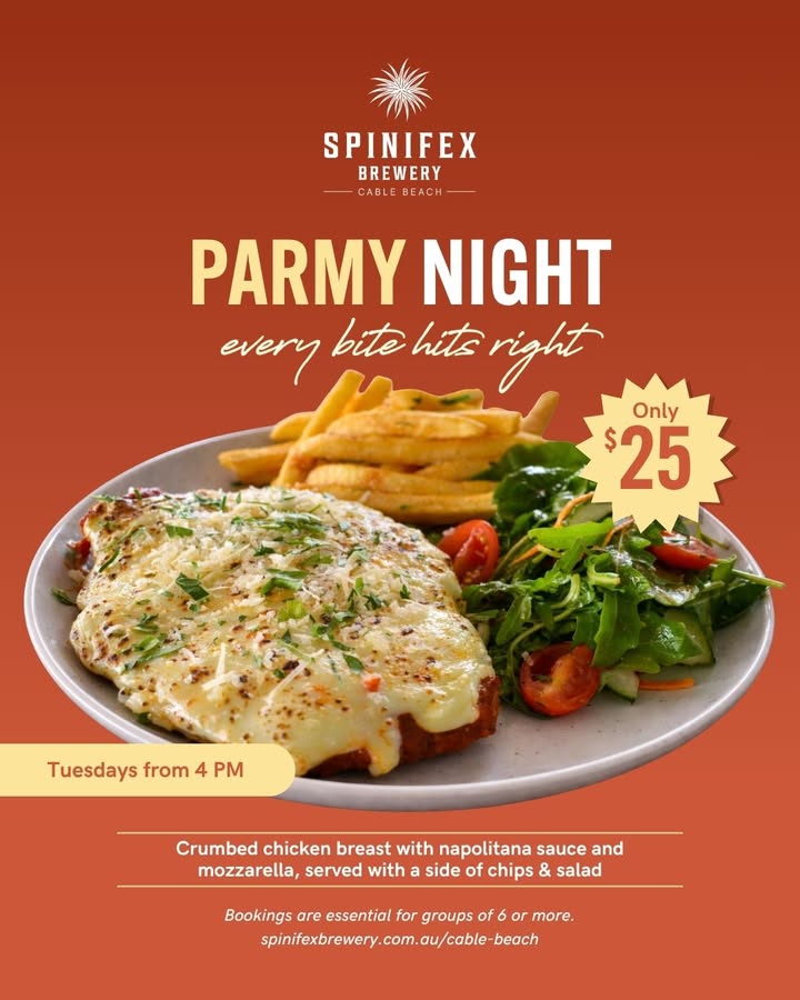 Featured image for “Parmy Night Every Tuesday at Spinifex Cable Beach”