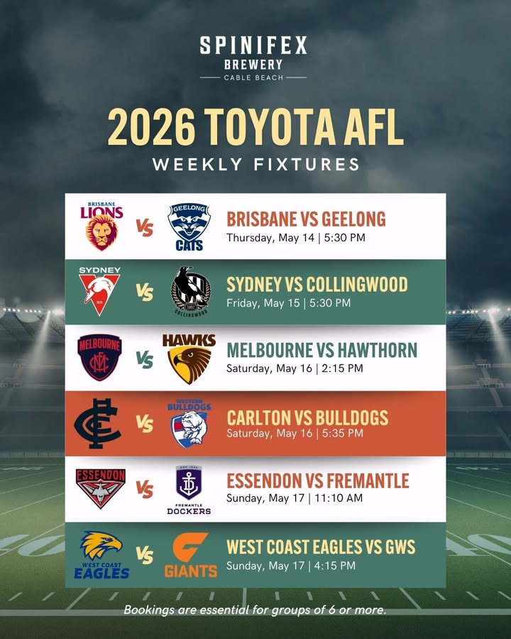 Featured image for “2026 Toyota AFL Weekly Fixtures at Spinifex Cable Beach”
