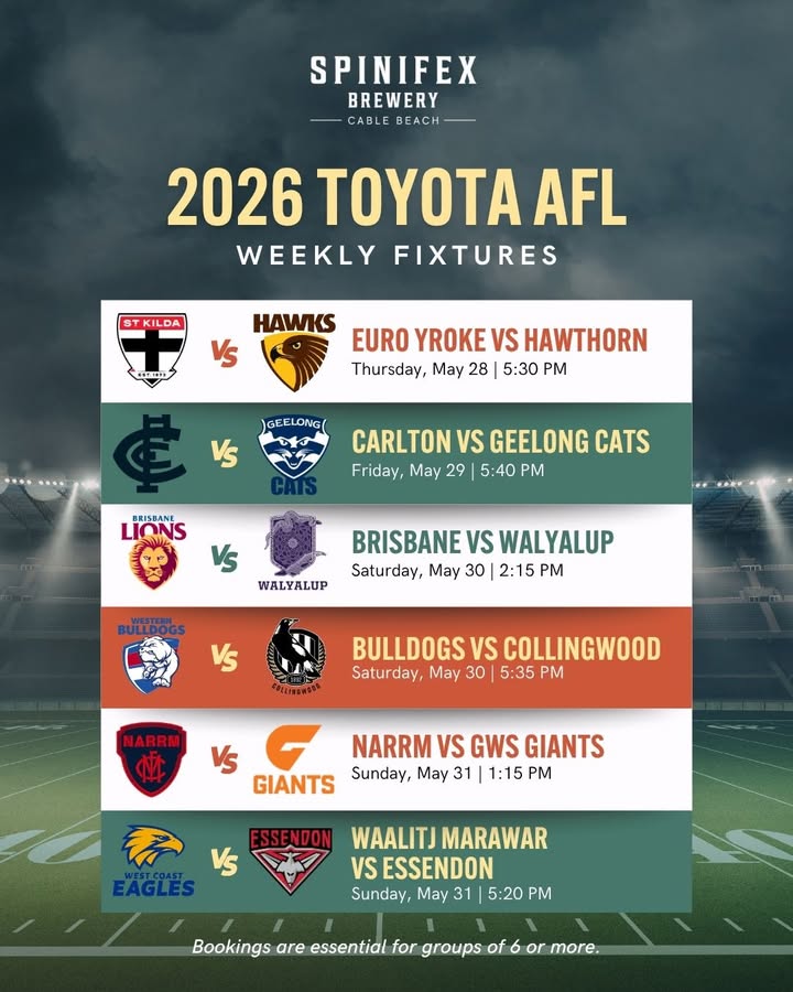 Featured image for “Watch the 2026 Toyota AFL Weekly Fixtures at Spinifex Cable Beach”