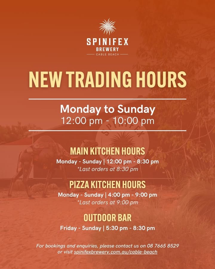 Featured image for “New Trading Hours at Spinifex Cable Beach from 1 June”