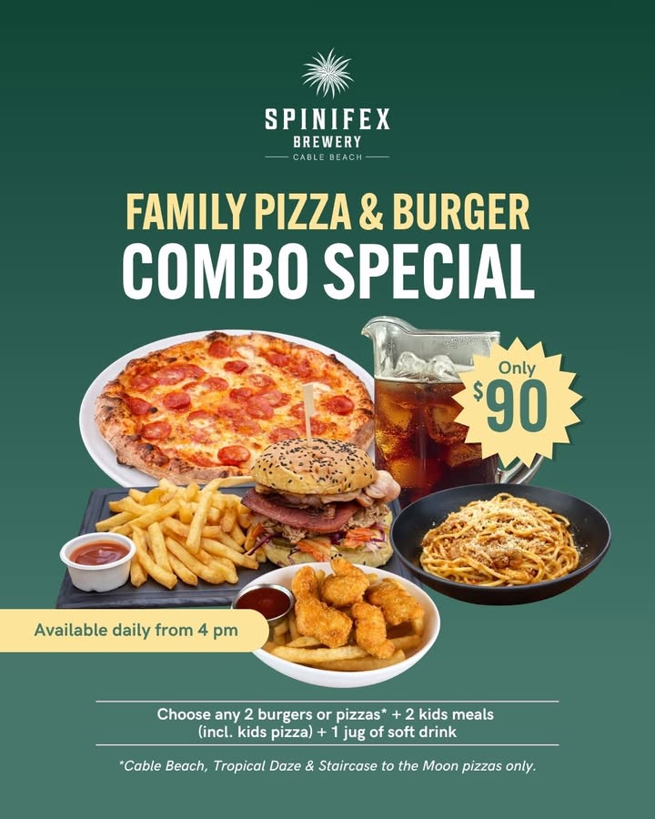 Featured image for “Family Pizza & Burger Combo Special at Spinifex Cable Beach”