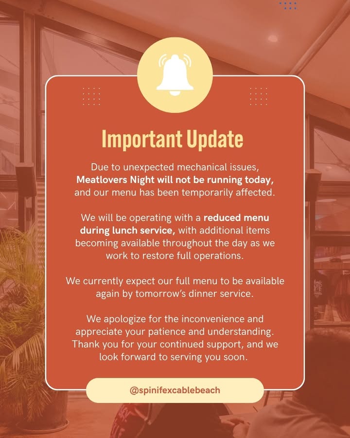 Featured image for “Today’s Service Update – Reduced Menu at Spinifex Cable Beach”