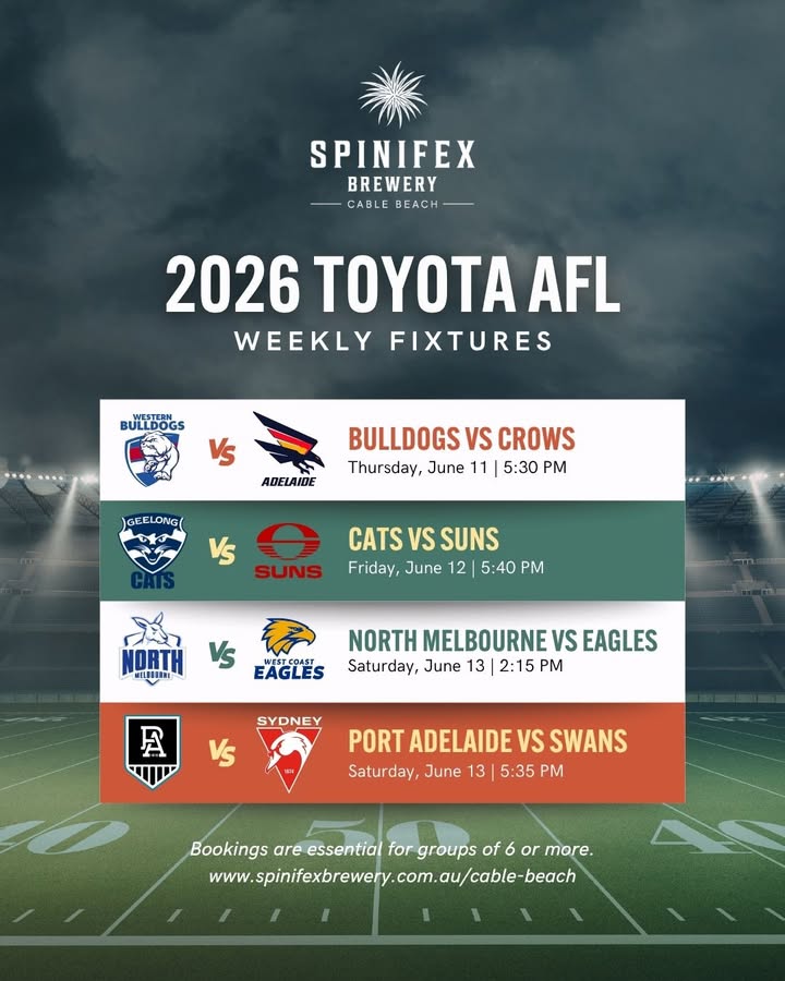 Featured image for “Watch the 2026 AFL Weekly Fixtures at Spinifex Cable Beach”