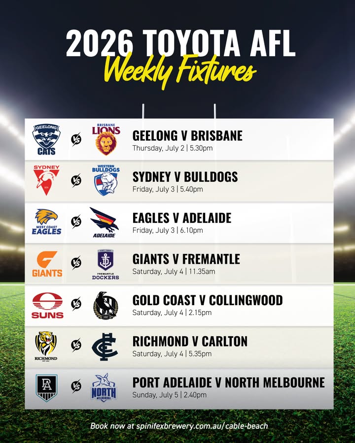 Featured image for “Watch the 2026 AFL Weekly Fixtures at Spinifex Cable Beach”